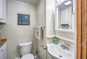 A bathroom with a toilet, sink, and a mirror above the sink. - Beachfront Sebago Cottage w/ Deck + Grill! (Sebago)