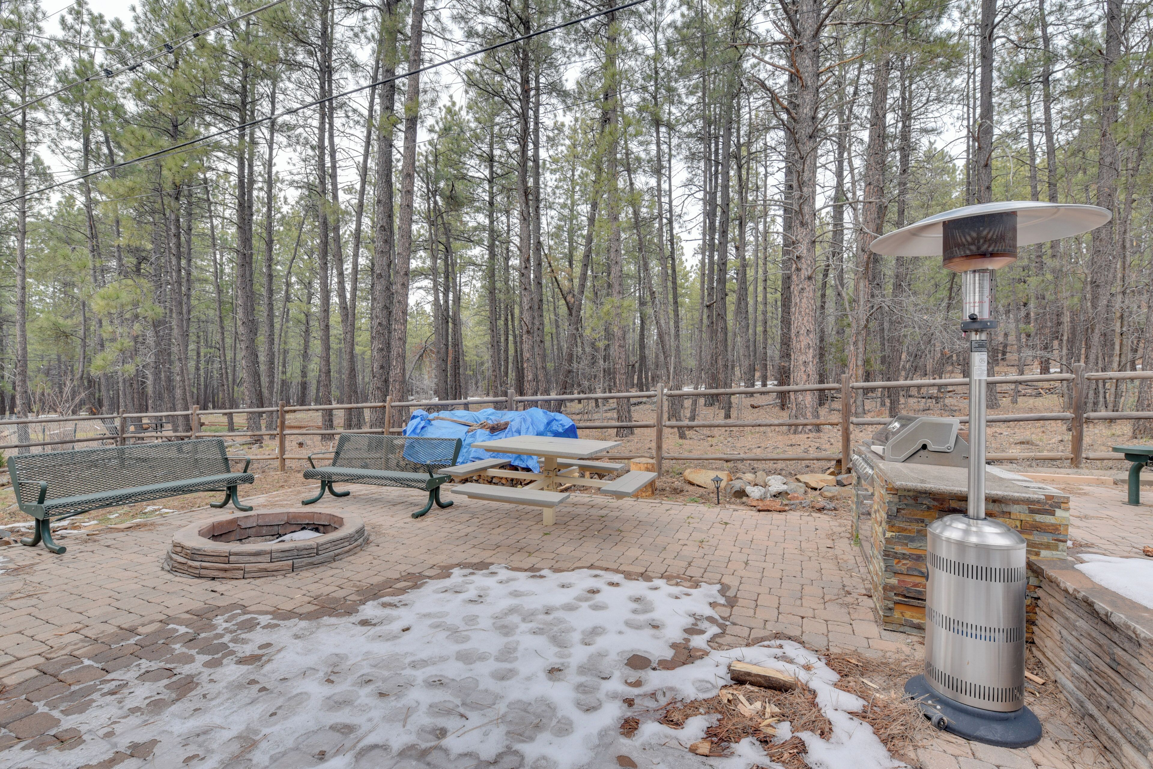A picnic area with benches, a fire pit, a grill, and a heater.
