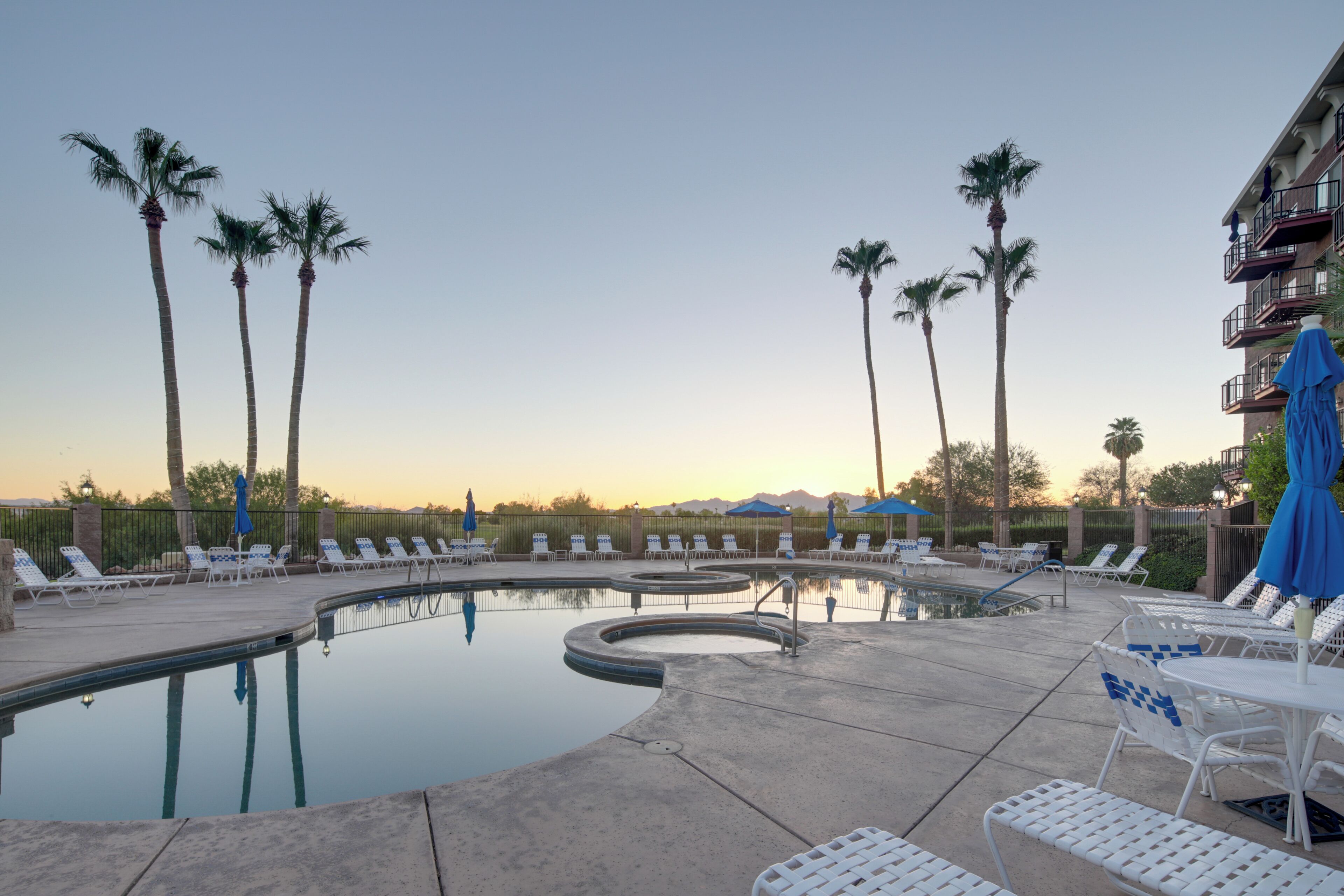 A pool area with lounge chairs and palm trees.