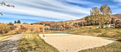 A volleyball net in a park with a paved path and grassy areas.