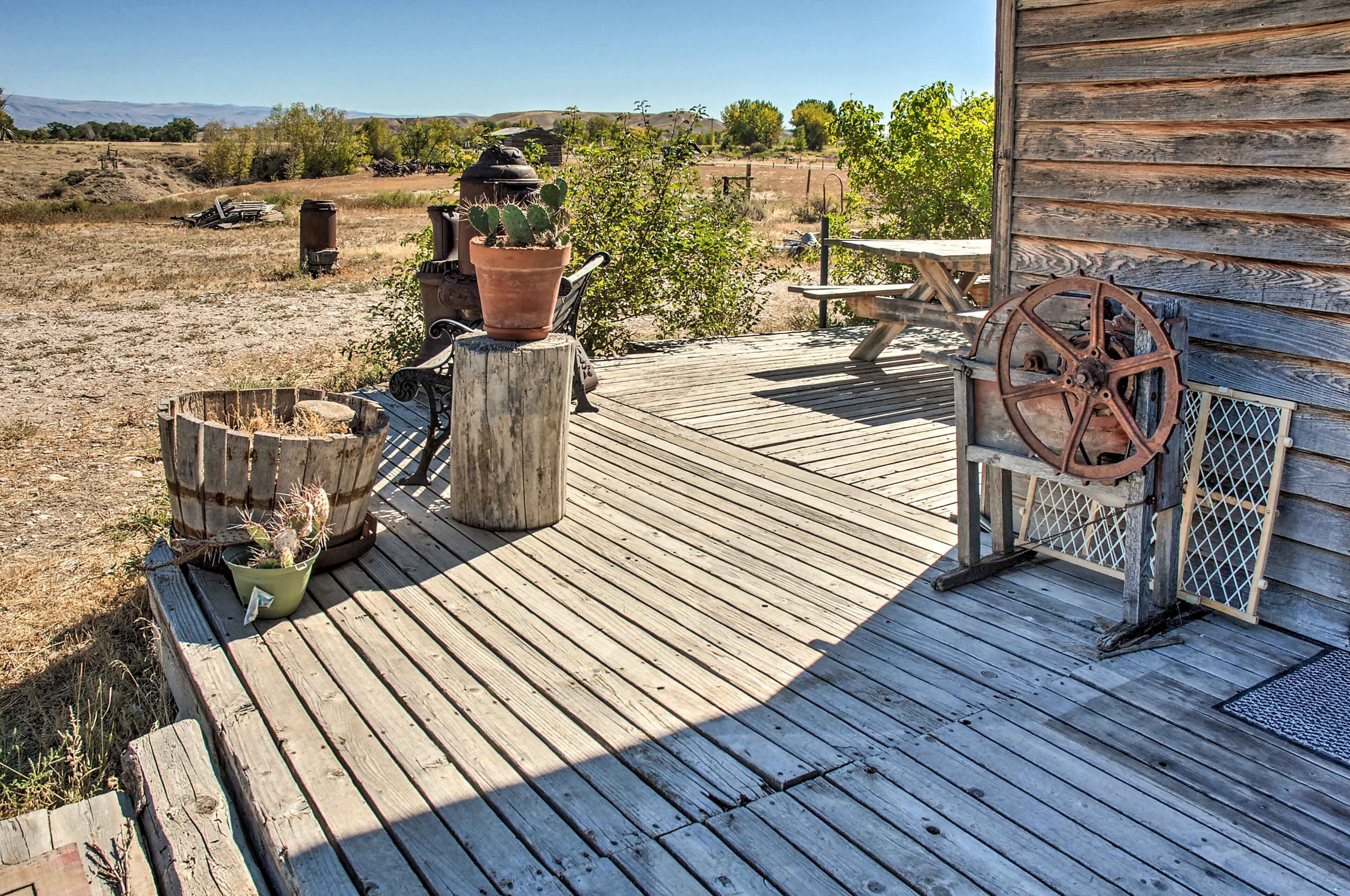 A wooden deck with rustic furniture, including a table and chairs, and a wheelbarrow.