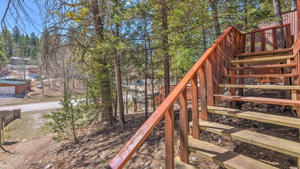 Eine Holztreppe führt zu einer Holzhütte in einem bewaldeten Gebiet.