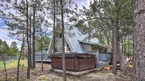 Une cabane dotée d’un toit en pente, entourée de grands pins.