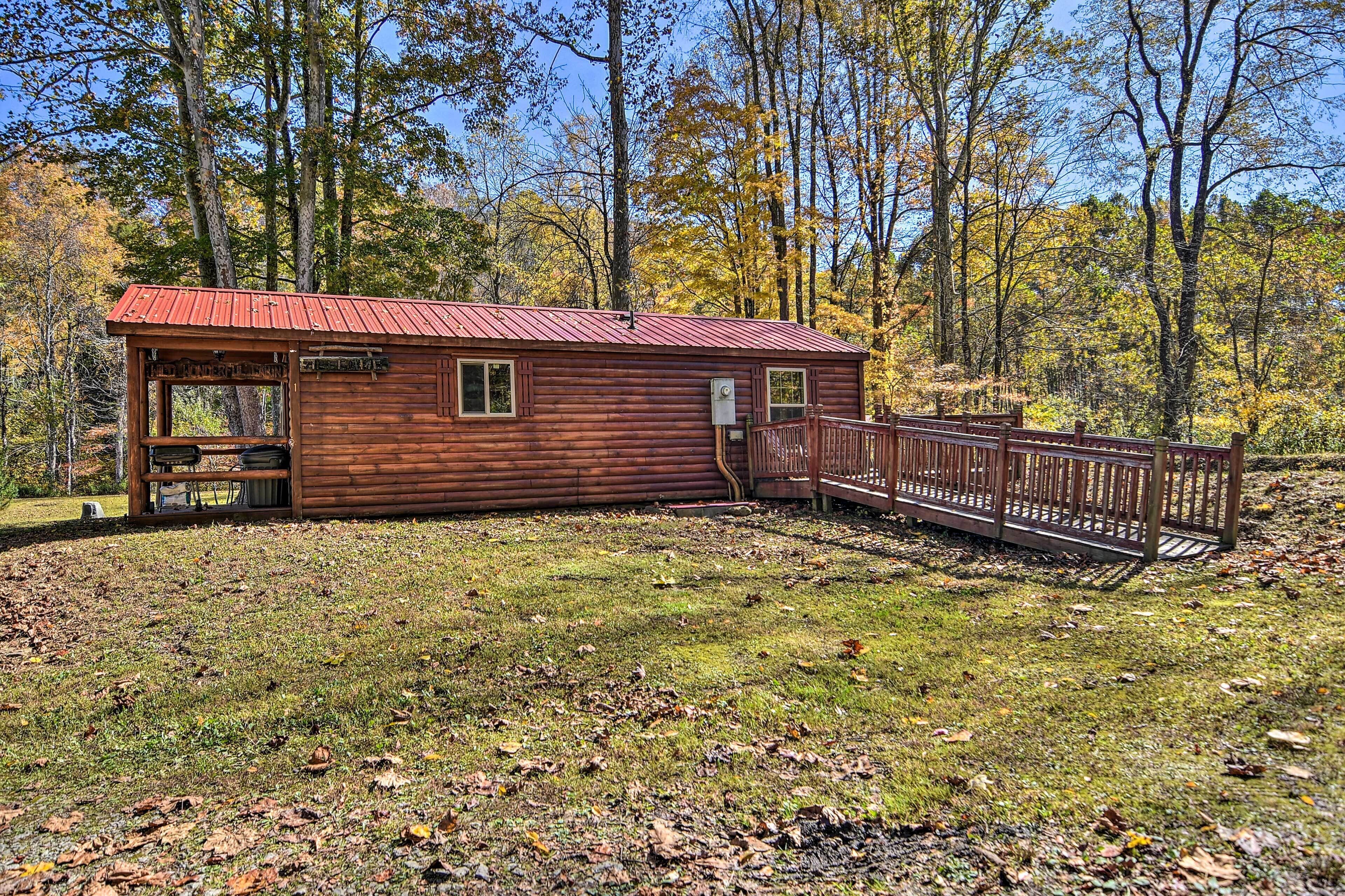 A rustic cabin with a metal roof, a wooden deck, and a grassy yard surrounded by trees.