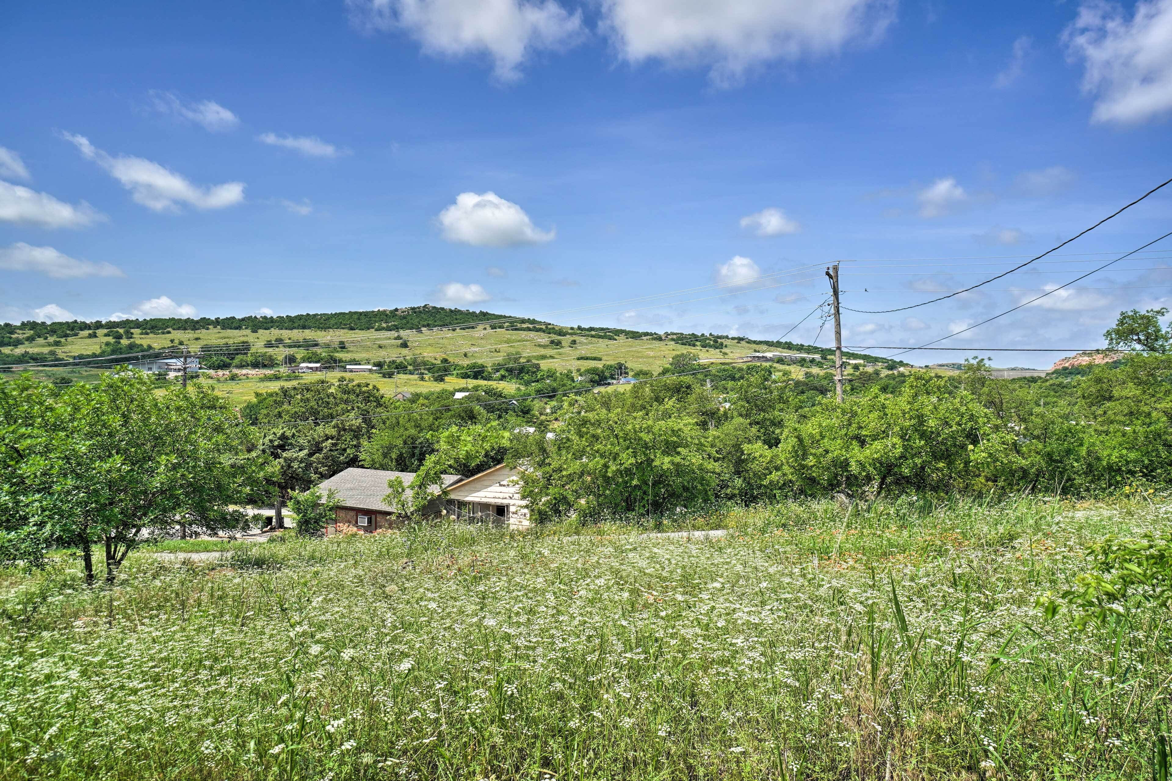 A rural landscape with a house surrounded by greenery and a hill in the background.