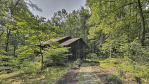 A cabin surrounded by dense forest with a stone path leading to it. - Mountain Town Adventures Home w/ Fire Pit! (Fort Valley)