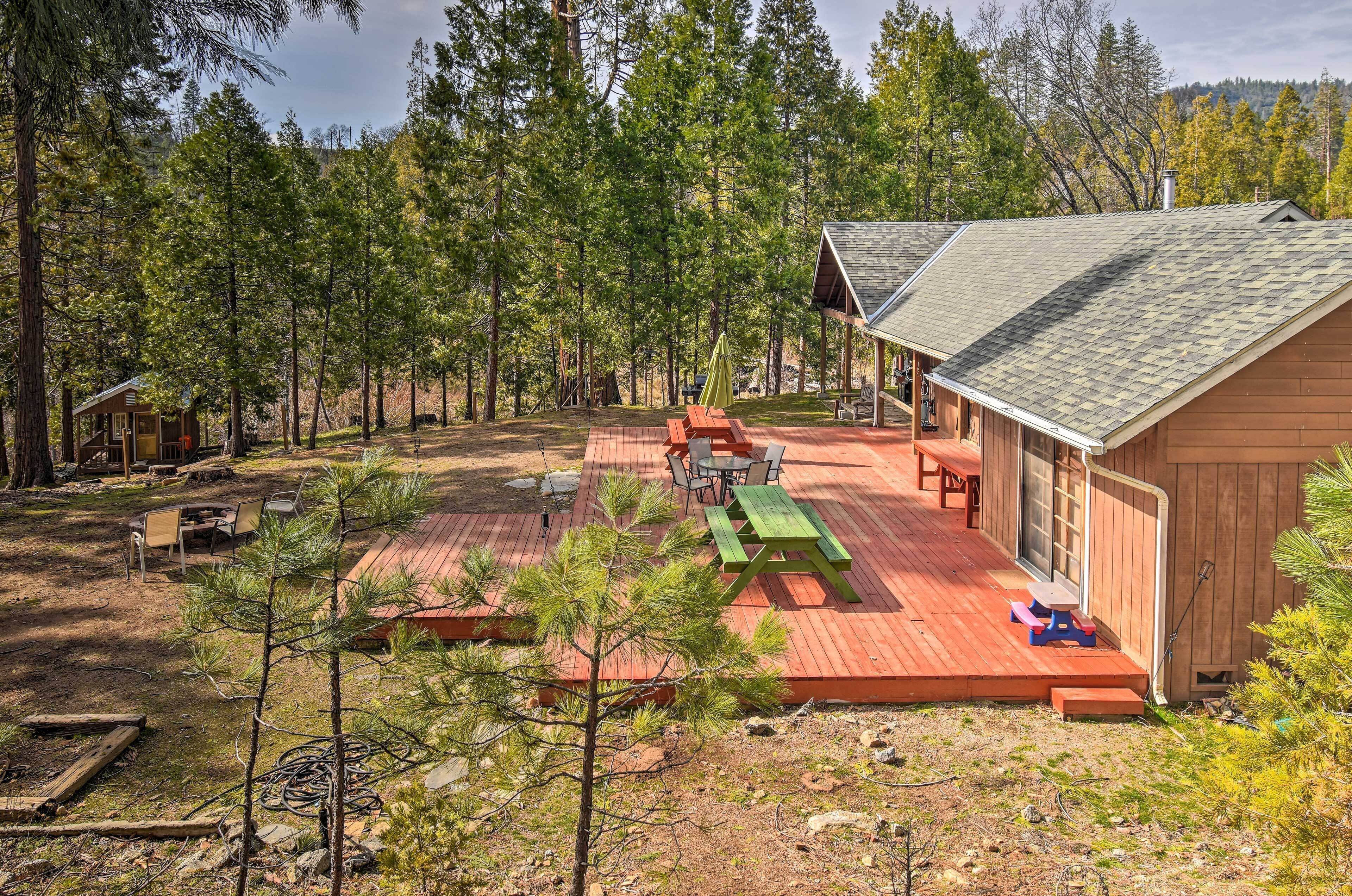A cabin with a deck, outdoor seating, and a small shed in a forested area.