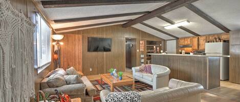 TV, fireplace, books