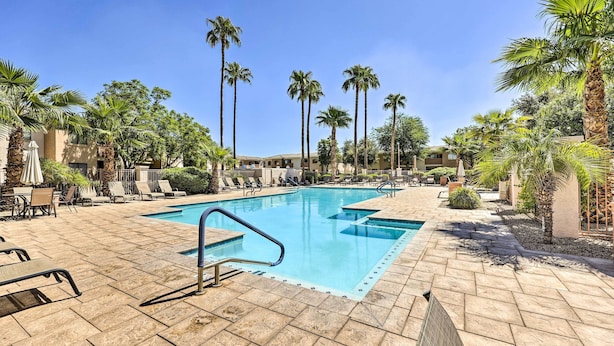 A pool area with lounge chairs, palm trees, and a clear blue sky. - Bright Phoenix Condo - 3 Mi to State Farm Stadium! (Phoenix)