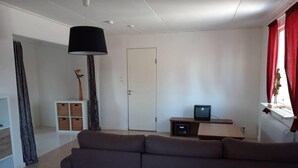 Una sala de estar con un sofá, un televisor sobre un mueble bajo, una puerta y una ventana con cortinas.