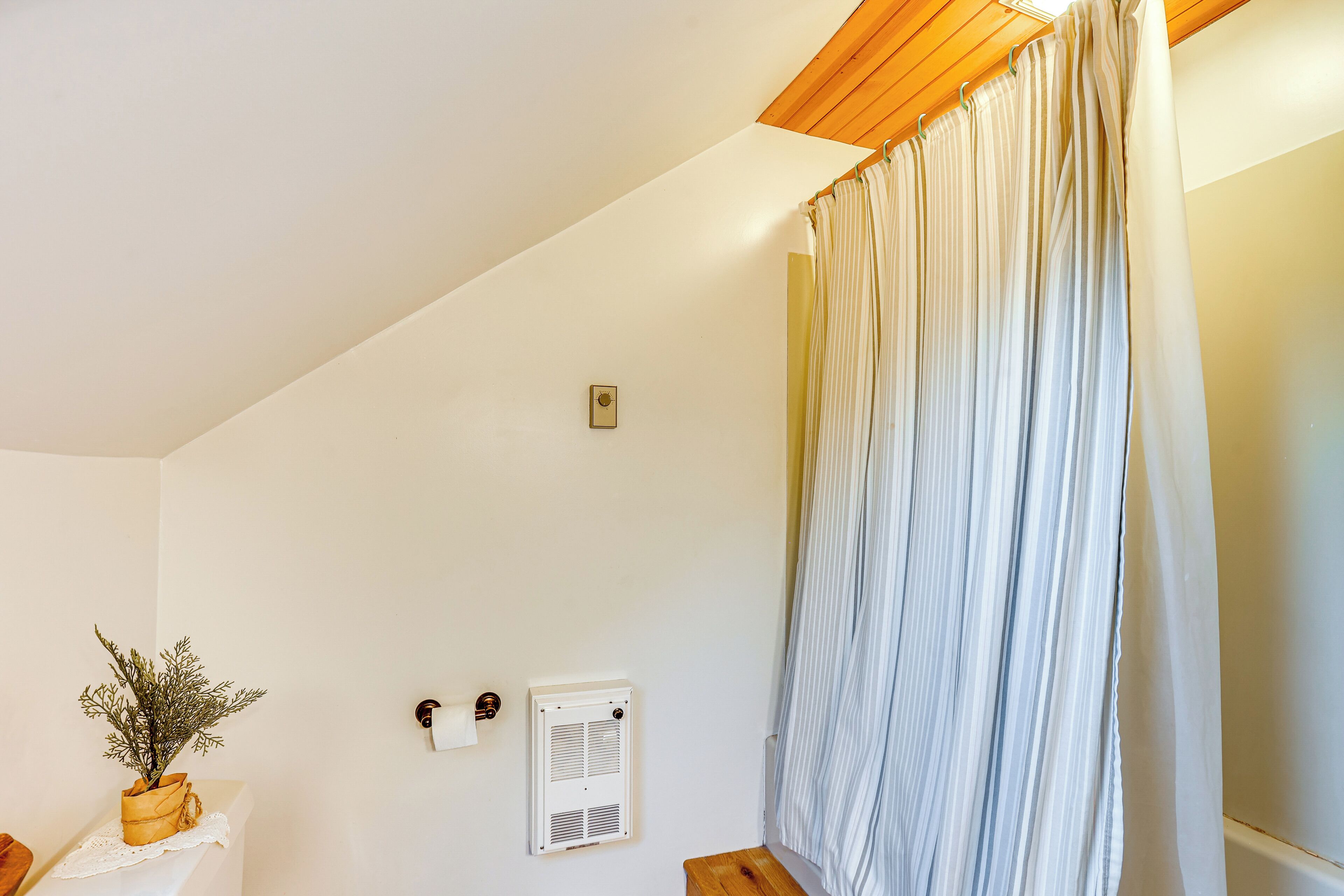 A bathroom with a white wall, a wooden ceiling, a white radiator, a towel rack, and a potted plant.