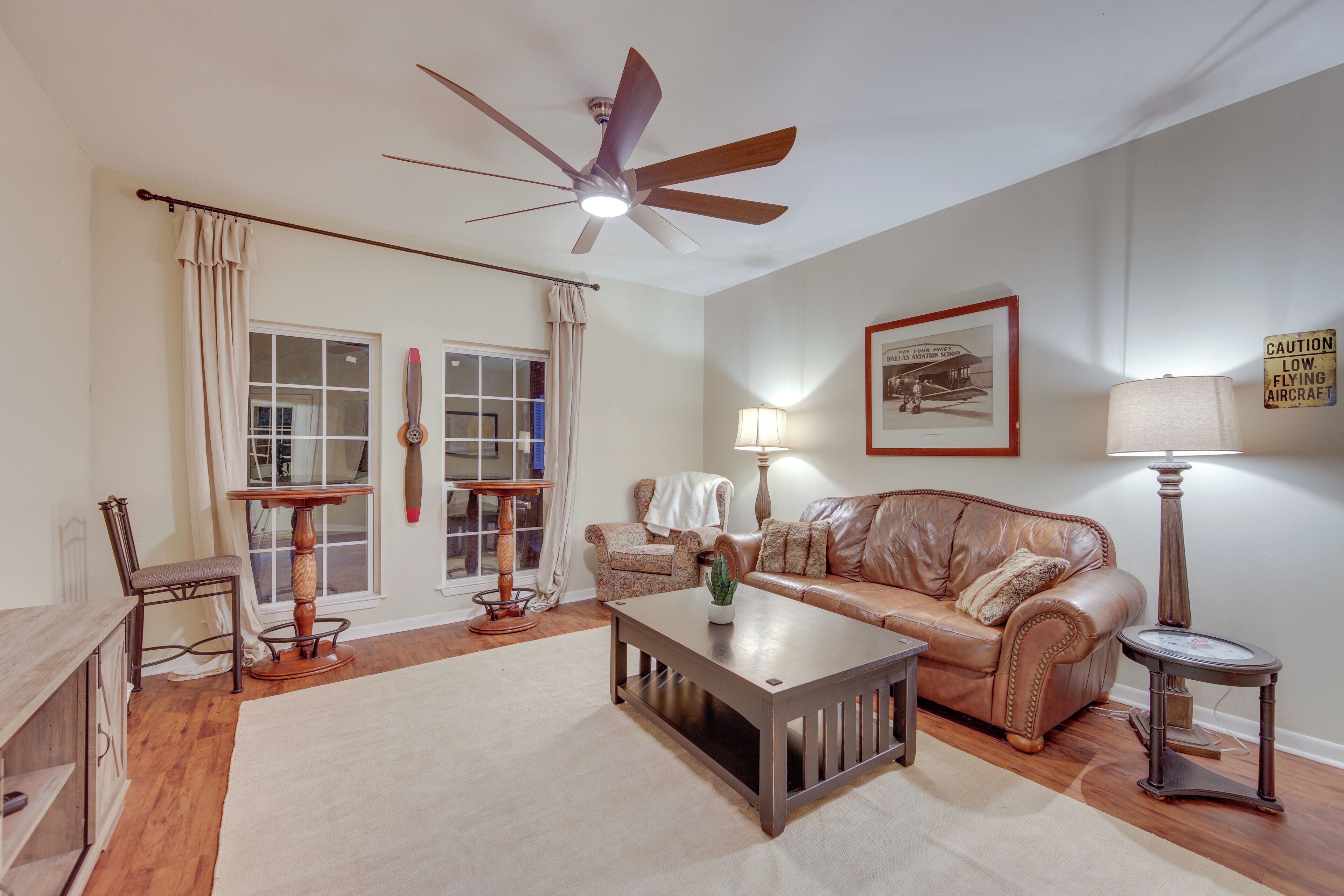 TV, fireplace, books