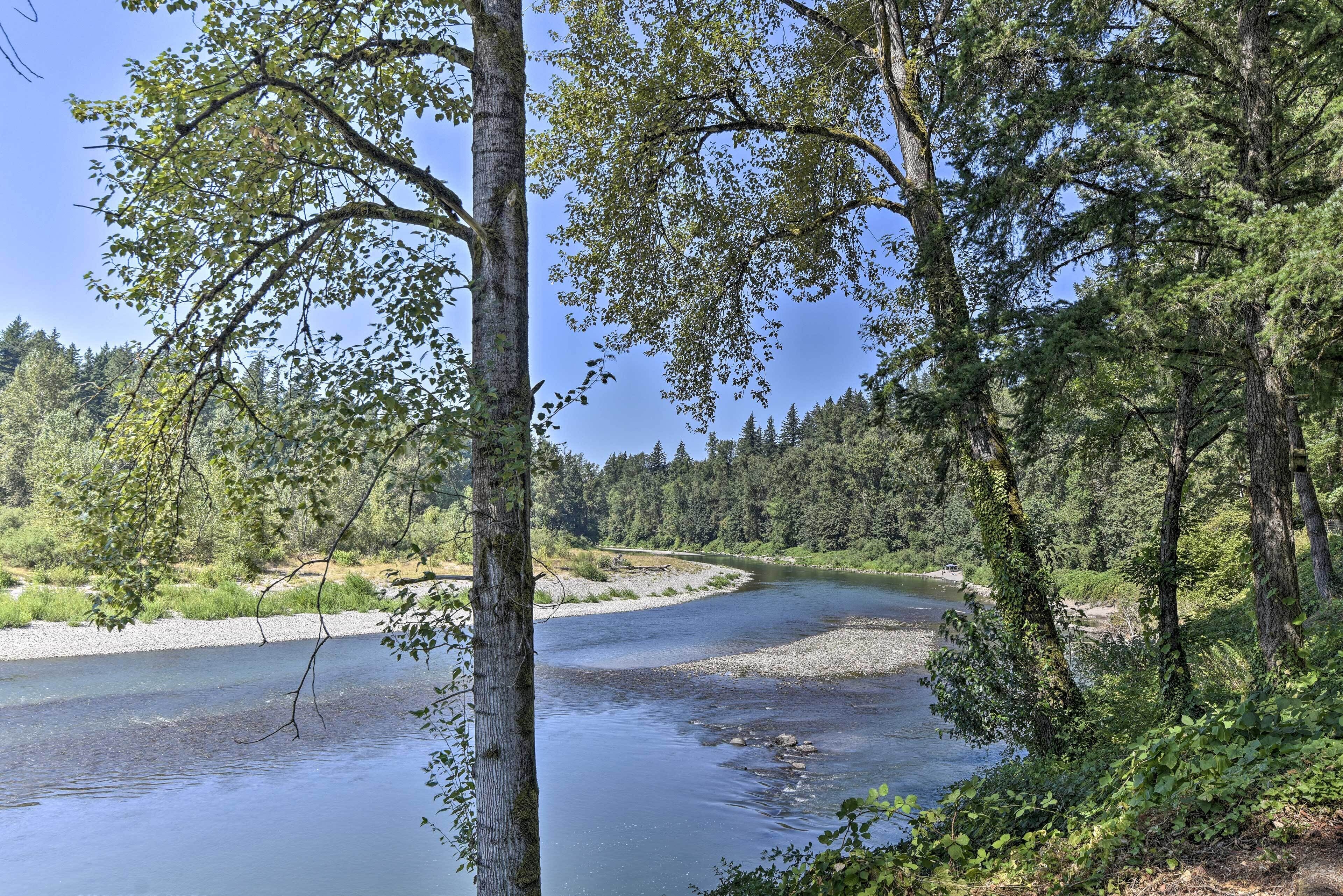 Une rivière qui traverse une zone boisée, avec des arbres de chaque côté.