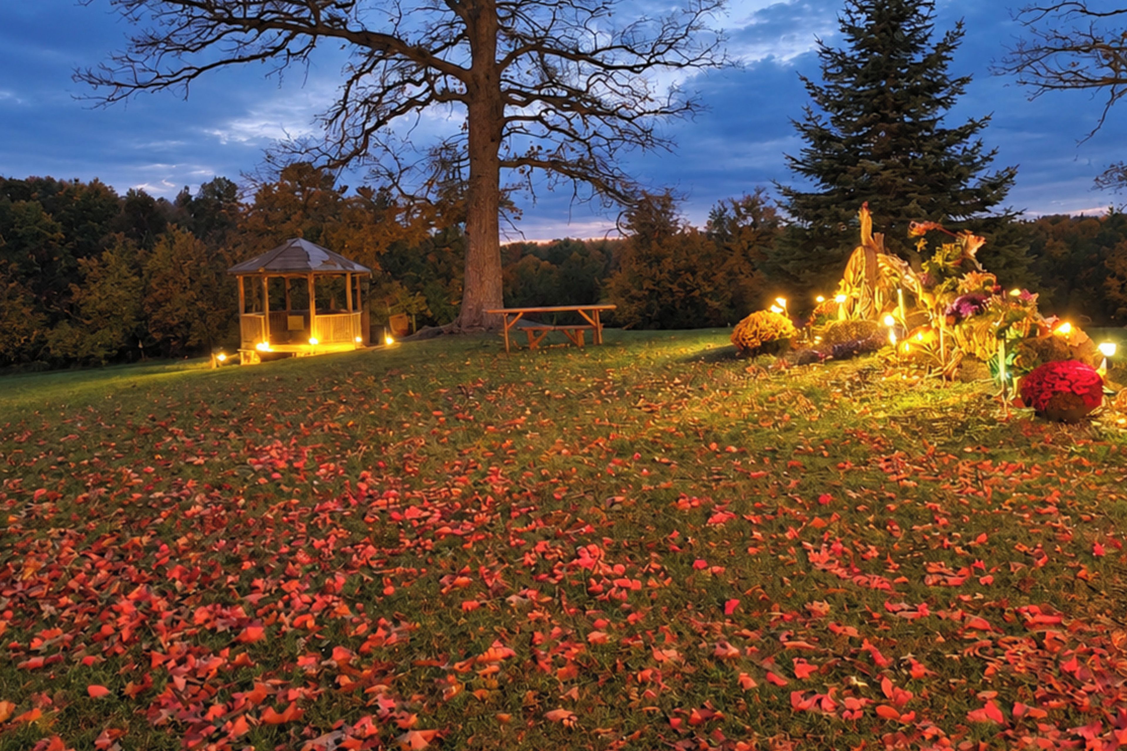 A gazebo, a picnic table, and a decorative display with lights in a grassy area.
