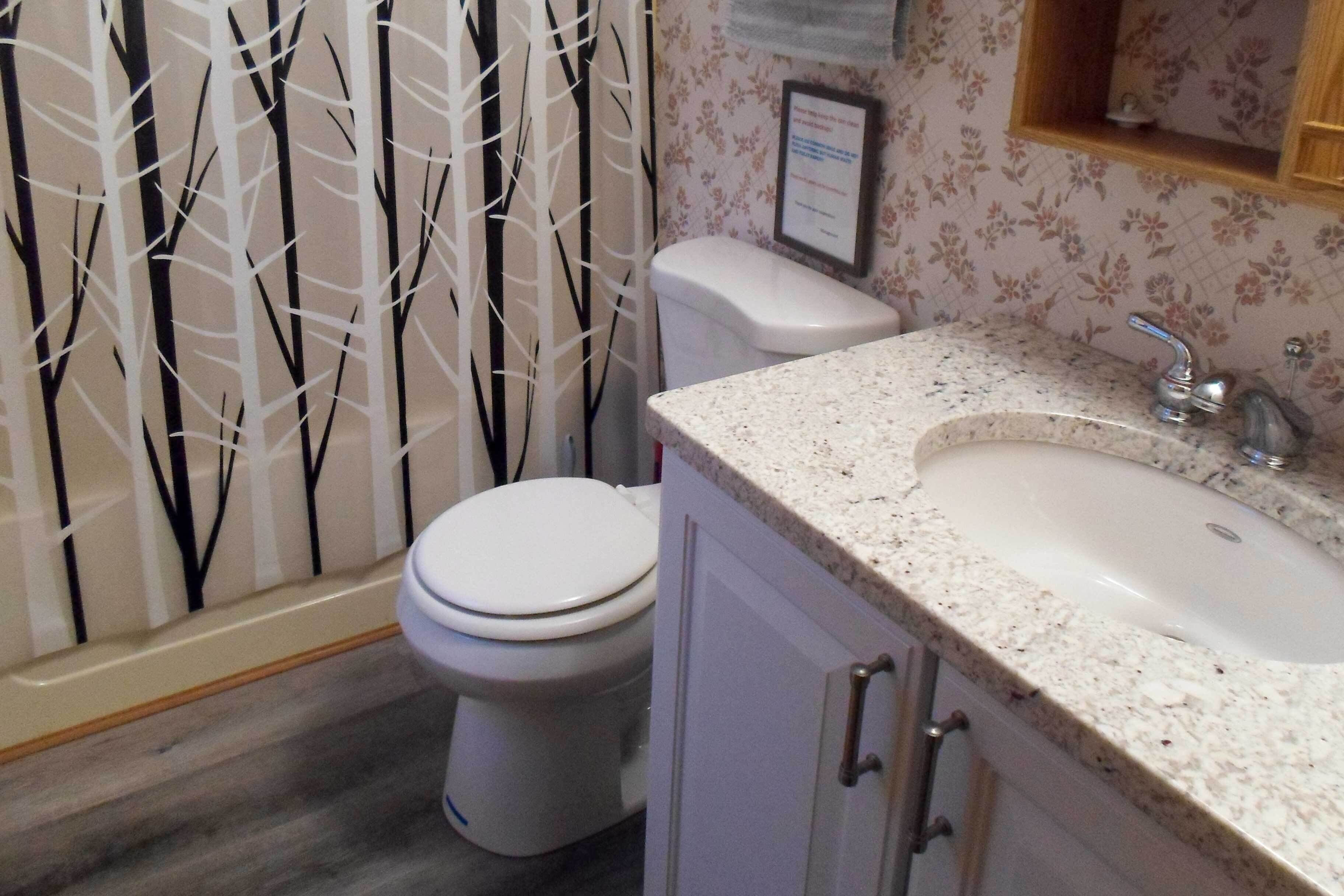 A bathroom with a toilet, sink, and cabinet.