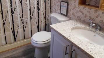 A bathroom with a toilet, sink, and cabinet.