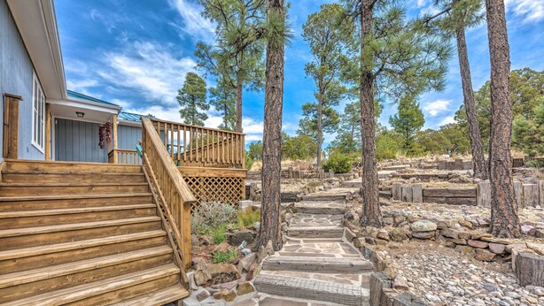 A wooden staircase leading to a deck, surrounded by pine trees and stone pathways. - Alto Cabin w/ Stunning Views, Hot Tub + Sauna! (Alto)