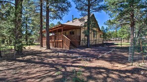 A rustic cabin with a wooden porch, surrounded by tall pine trees. - Large Deck, Grill: Pet-friendly Show Low Retreat! (Show Low)