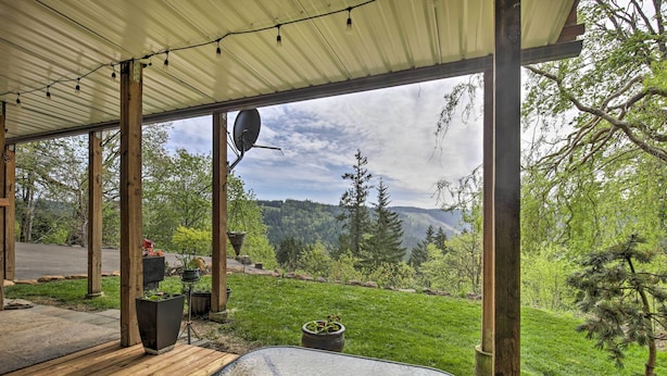 A covered outdoor area with a glass table, potted plants, and a view of a forested landscape.