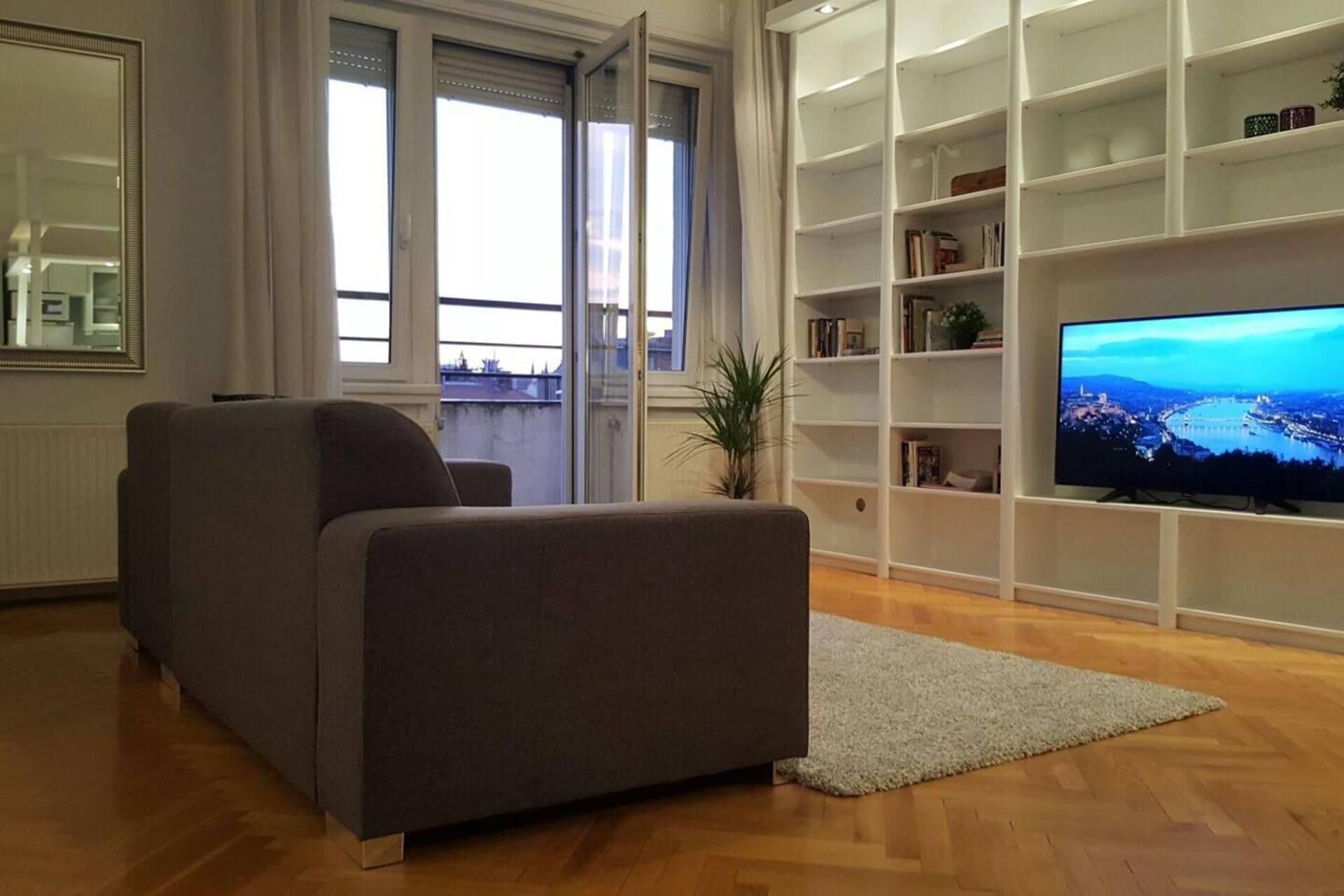 En stue med en grå sofa, et fjernsyn på et stativ, en bogreol og et vindue med udsigt til bygninger.
