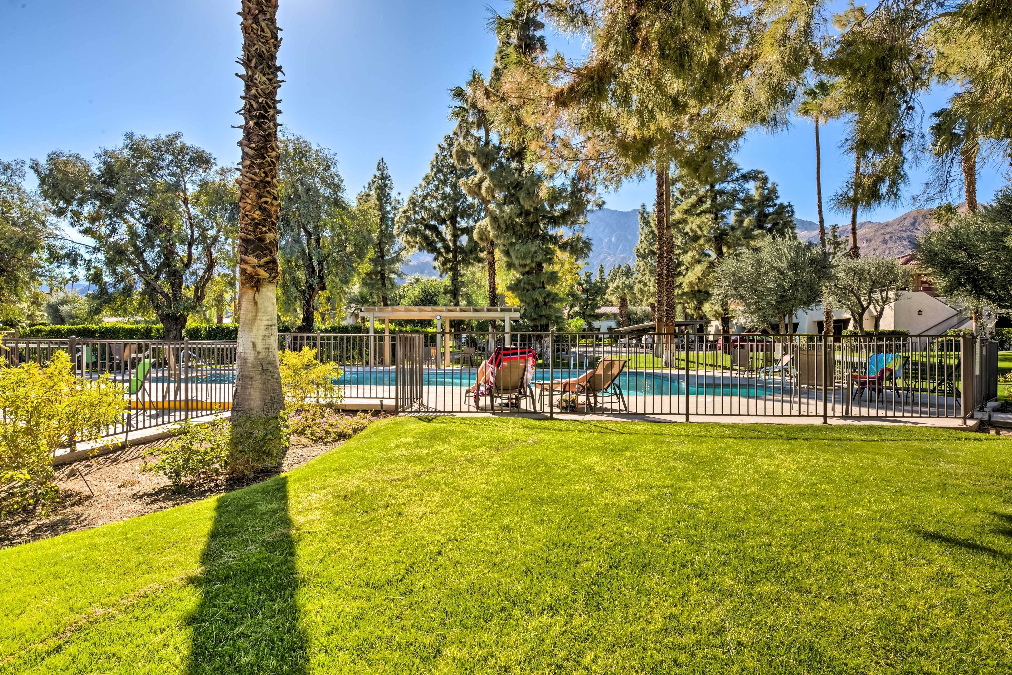Un jardin avec une piscine, des chaises longues et une pergola.