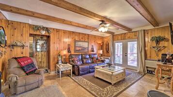 TV, fireplace, books