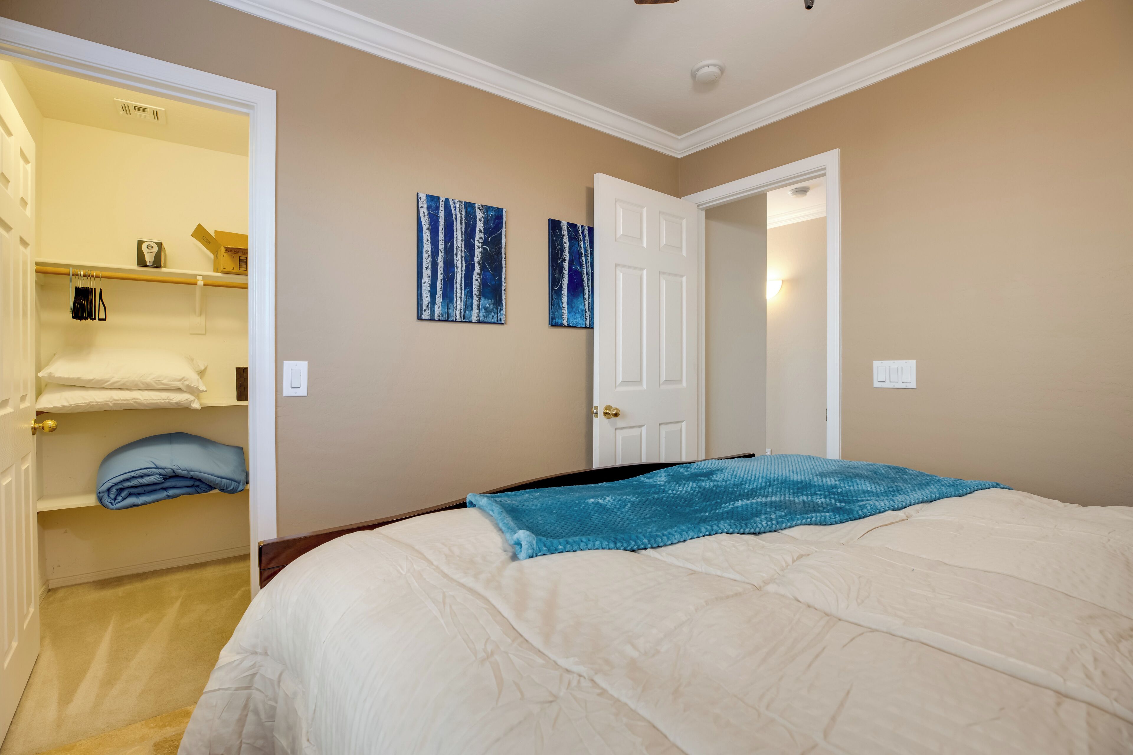 A bedroom with a bed, a closet, and two wall-mounted paintings.