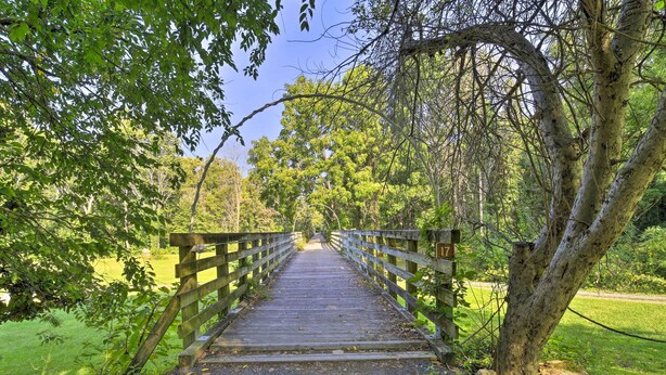 Un pont en bois doté de garde-corps, entouré de verdure et d’arbres.