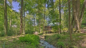 Eine rustikale Holzhütte mit einer Holzdar Terrasse, umgeben von hohen Bäumen und einem Bach.