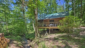 Eine Holzhütte mit einer Holzdiele, umgeben von Wald und einem Bach.
