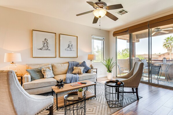 Apartment (3 Bedrooms) | Living area | TV, fireplace - 7 Mi to TPC Scottsdale: Resort Condo w/ Pool (Scottsdale)