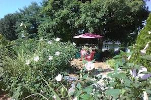 A garden with white flowers, a red umbrella, and outdoor furniture. - Large & Private Guest House Apt w/ Patio + Views! (Danville)