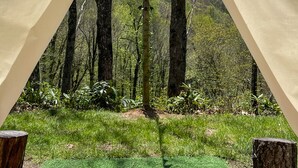 A tent with a view of a forest and mountains. - 4200ft Luxury Stargazing Glamping Haven, Ultra-Private, Near BRP (Maggie Valley)