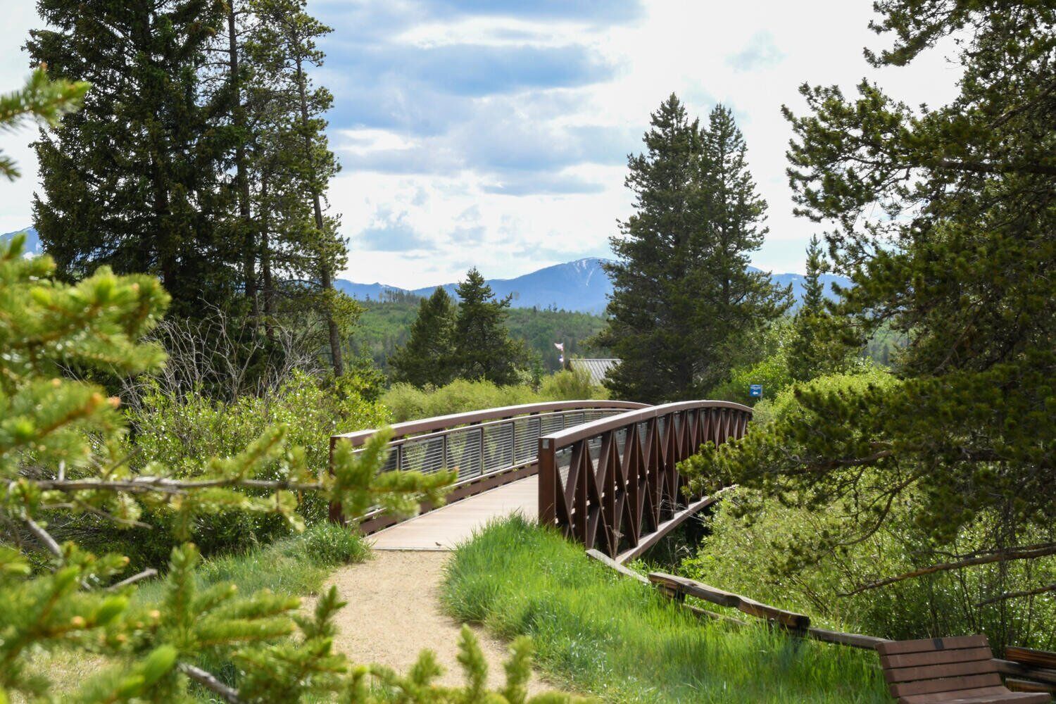Un pont en bois, situé dans une zone boisée, avec un chemin bien tracé menant à un banc.