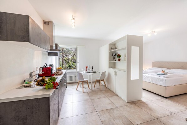 A compact, modern room with a kitchenette, a dining area, and a bed. - Serenata 5  - Cavigliano, Cavigliano, Centovalli, Switzerland (Cavigliano, Centovalli)
