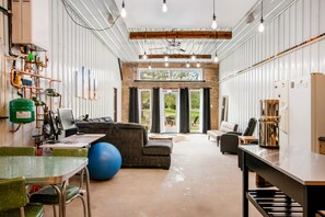 TV, fireplace, table football