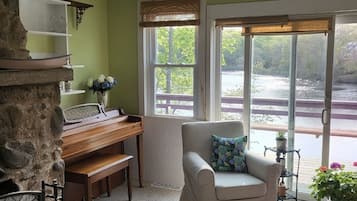 Smart TV, fireplace, books