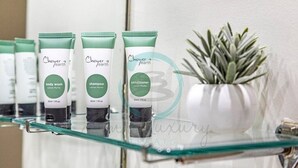 A bathroom shelf with three Choyer Earth body wash, shampoo, and conditioner tubes, and a potted plant. - ZEN88 ESPLANADE - Hotel Suite Ocean View (Darwin)
