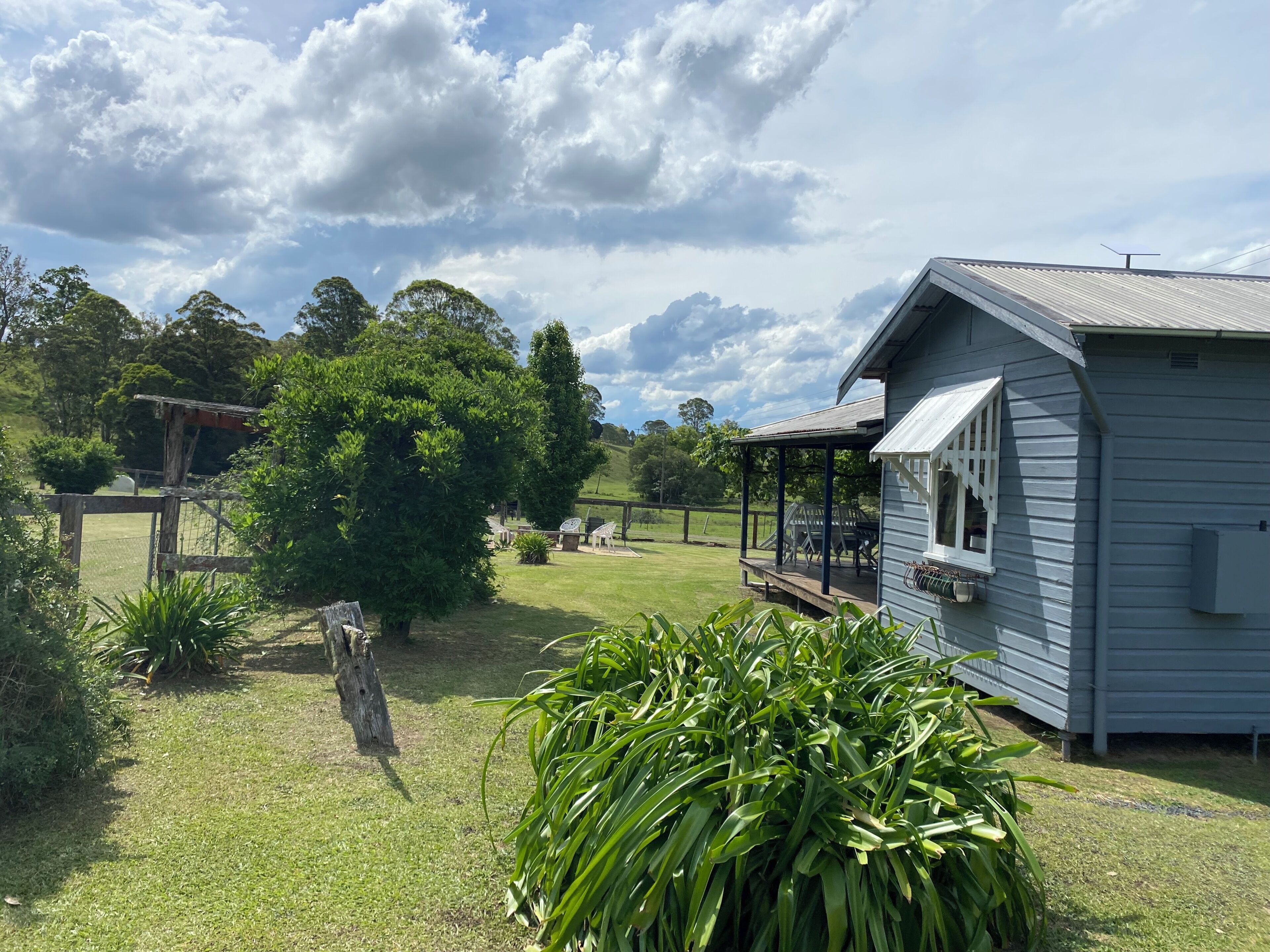 A house with a porch, a fenced yard, and a large tree.