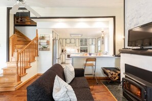 Tv, eldstad och böcker