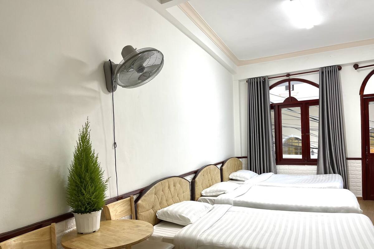 A hotel room with two beds, a small table with a chair, a potted plant, and a wall-mounted fan.