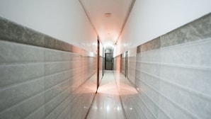 A corridor with marble walls and a polished floor, leading to a door at the end. - Hotel Havana (Mumbai)