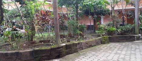 A courtyard with a paved walkway, surrounded by various potted plants and trees.