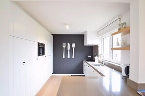 Modern kitchen with sleek cabinetry, oven, and stainless steel sink.