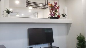 Un salon moderne doté d’un téléviseur à écran plat, d’un meuble de rangement noir pour les appareils multimédias, d’un luminaire fixé au plafond et d’une petite plante en pot.