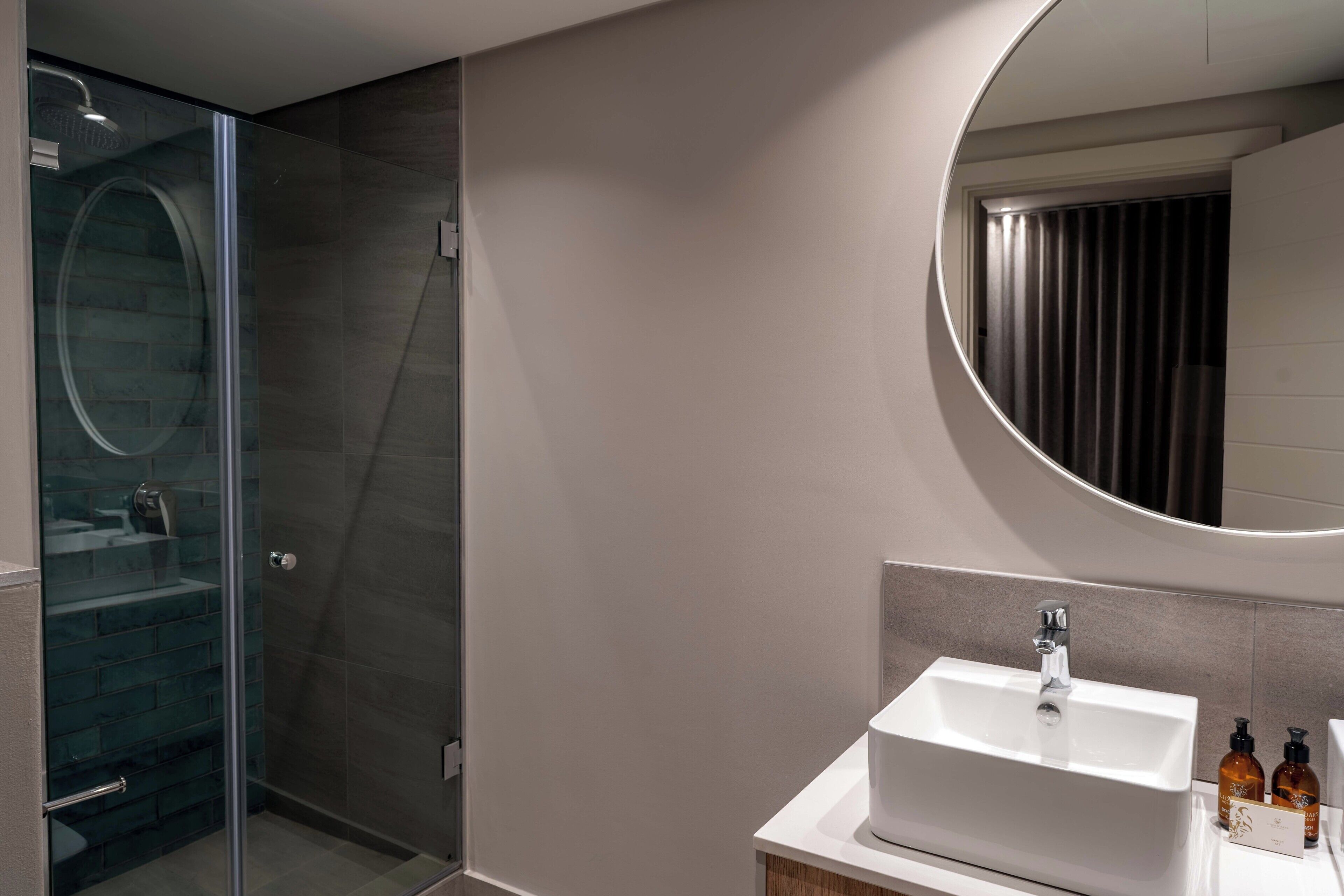 Une salle de bain moderne avec une douche à parois de verre, un lavabo blanc orné de deux flacons de shampoing et un grand miroir.