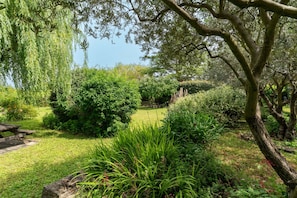 A garden with a wooden bench, various shrubs, and a tree. - Holiday Home 'Villa La Mireio' with Private Terrace, Wi-Fi and Air Conditioning (Malaucène)
