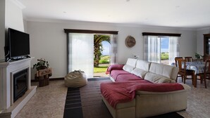 A living room with a sofa, a television, a fireplace, and a view through a glass door.