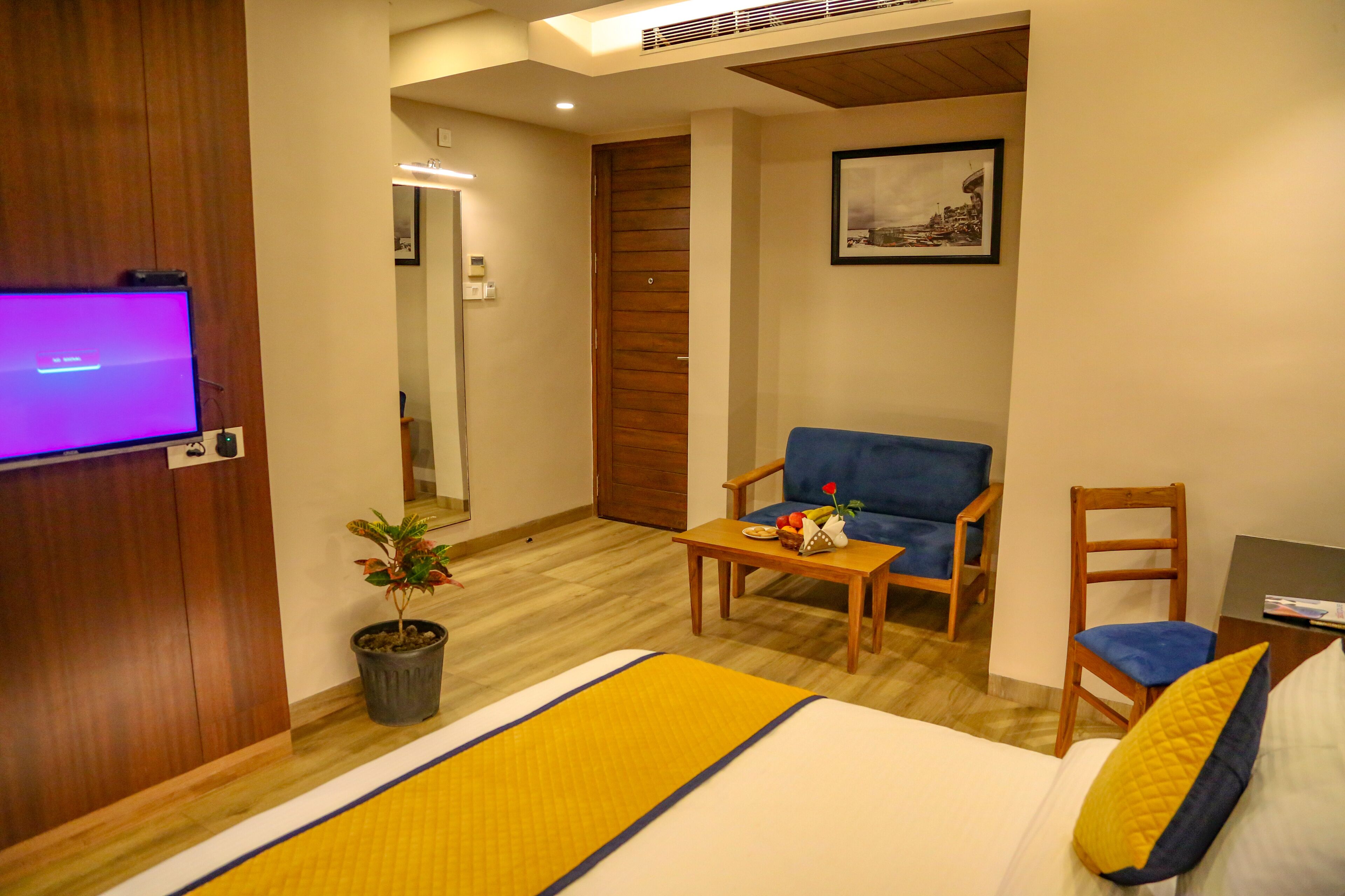 A hotel room with a bed, a TV, a chair, a small table, a potted plant, and a painting on the wall.