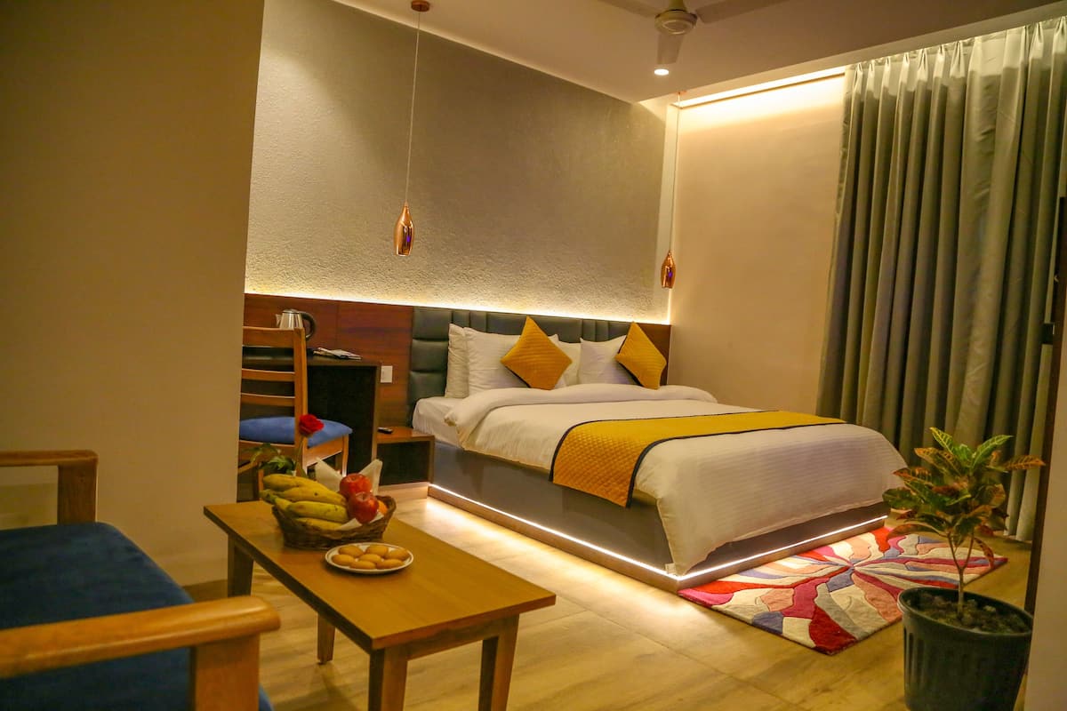 Una habitación de hotel con una cama, mesita de noche, silla y una planta en maceta.